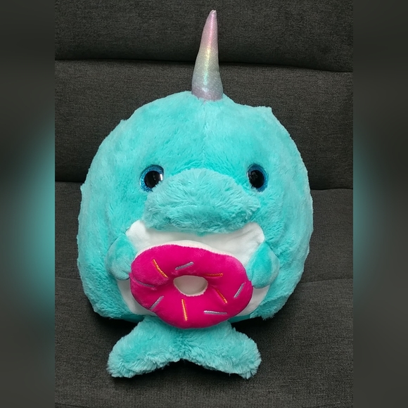 Narwhal holding a Donut 16" Plush Soft Green Pink - Picture 12 of 14